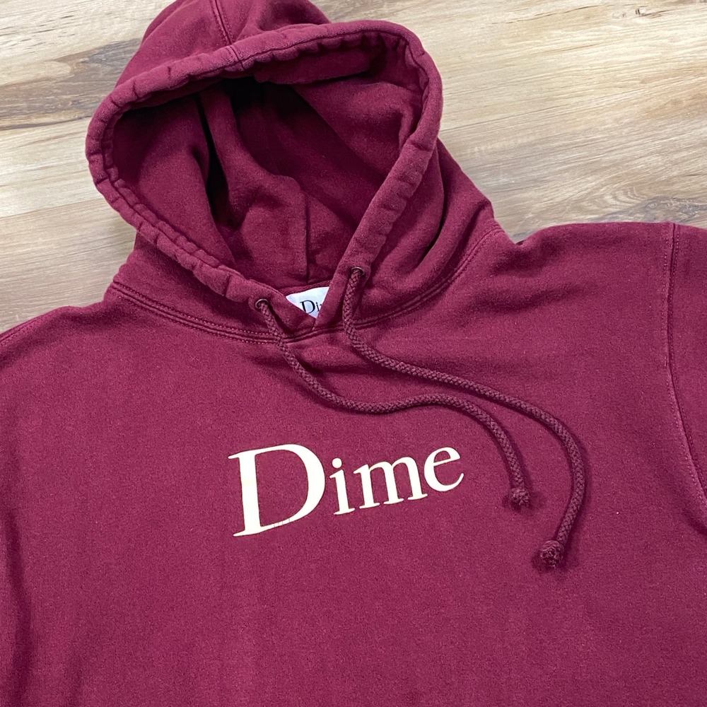 Dime Logo Hoodie Mens Small Streetwear Fleece Pullover Burgundy Maroon Classic